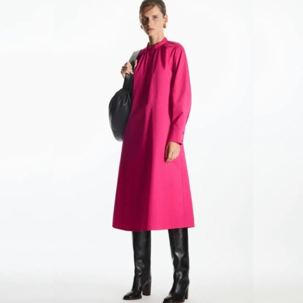COS Relaxed-Fit Gathered Midi Shirt Dress Band Collar Poplin Pink Size 2 - Picture 2 of 14
